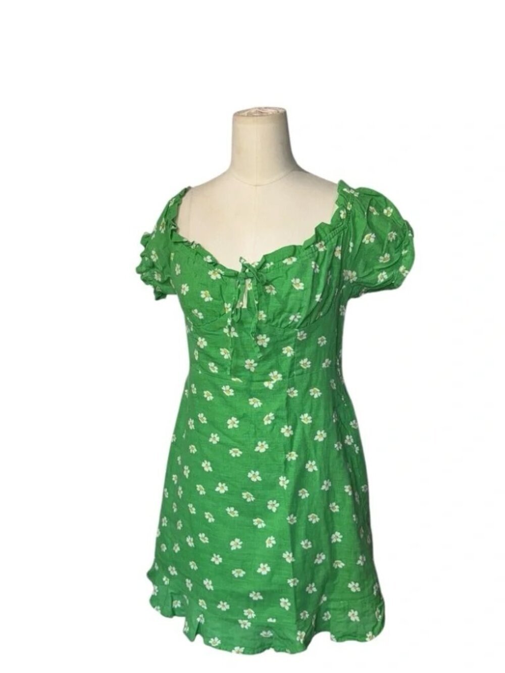 Urban Outfitters Womens Green Daisy Floral Flounce Mini Dress Tie Front - Sz M - Picture 6 of 8